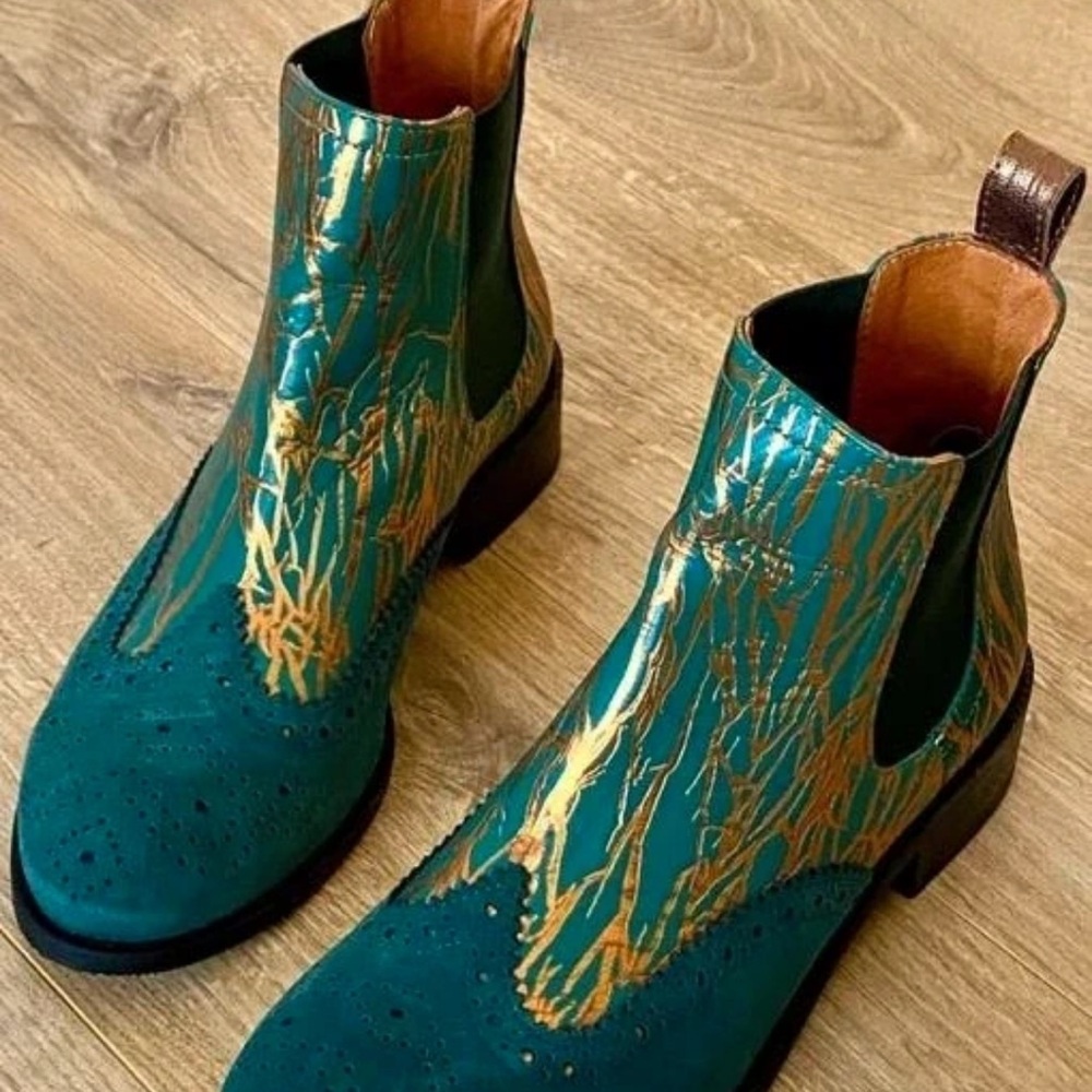Stylish Teal and Gold Ankle Boots